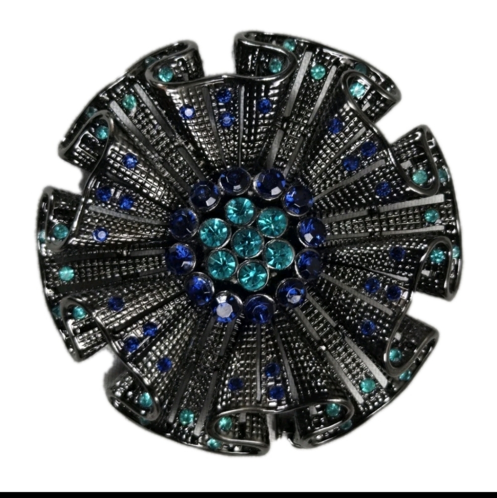 Gun Metal Gray Blue Aqua Stunning Rhinestone Ruffle Pin Brooch